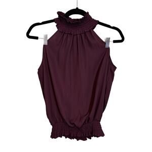 Amanda Uprichard Kimmie Mock Neck Top Womens M Purple Sleeveless Smocked Blouse